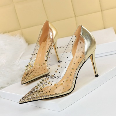 7818-5 European and American wind hot metal rivets high heel with shallow pointed mouth transparent diamond stitching ho