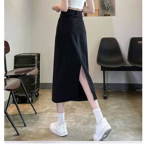 Vintage Straight Hem Wide-Leg Denim Skirt for Women - Spring and Autumn Season High-Waist Slimming Black A-Line Plus-Size Medium Dress