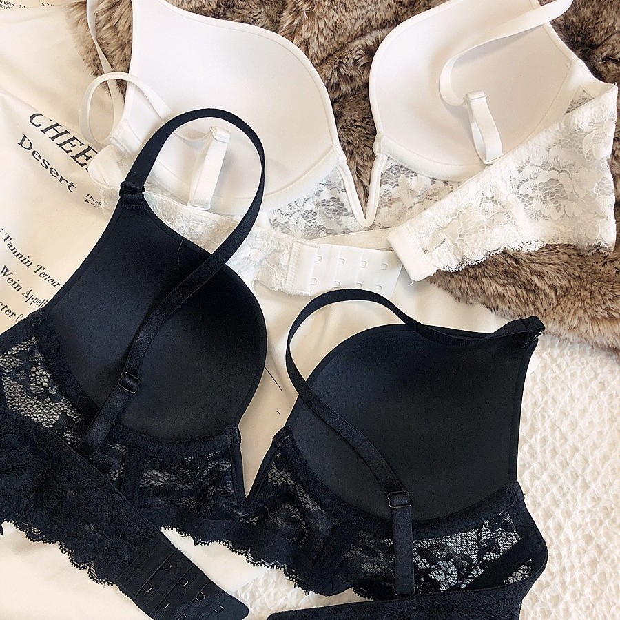 Europa y América nueva ropa interior de encaje sexy de las mujeres delgada espalda pequeño pecho empuja hacia arriba el sujetador grande del pecho pequeño anillo de acero suave sujetador