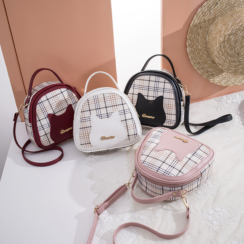 Women's Bags 2025 New Plaid Contrast Color Cat Face Letter Logo Portable Shoulder Bag Casual Mobile Phone Bag Gift Bag
