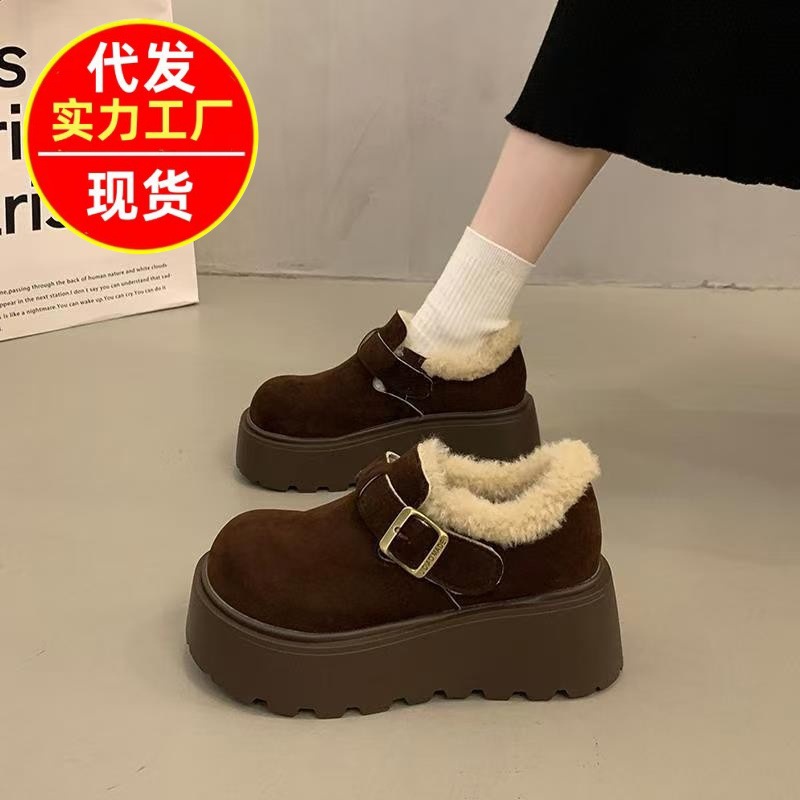Trendy Retro Thick-Soled Cotton Shoes for Women 2025 New Winter Plush Thickened Warm Birkenstock-Style Furry Shoes