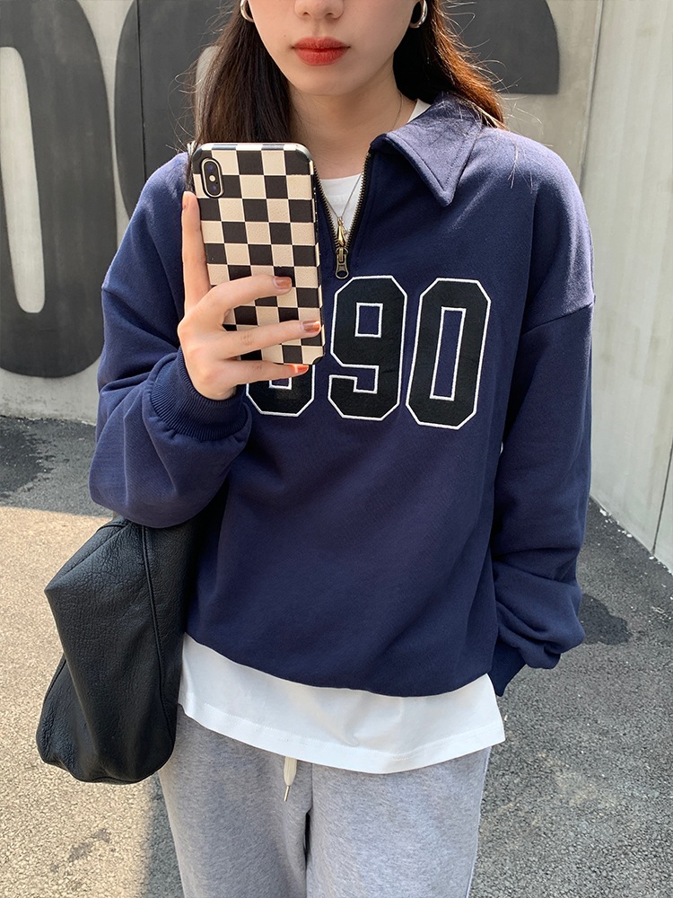 Women's American Style Retro Lapel Half Zip Sweatshirt Image 4