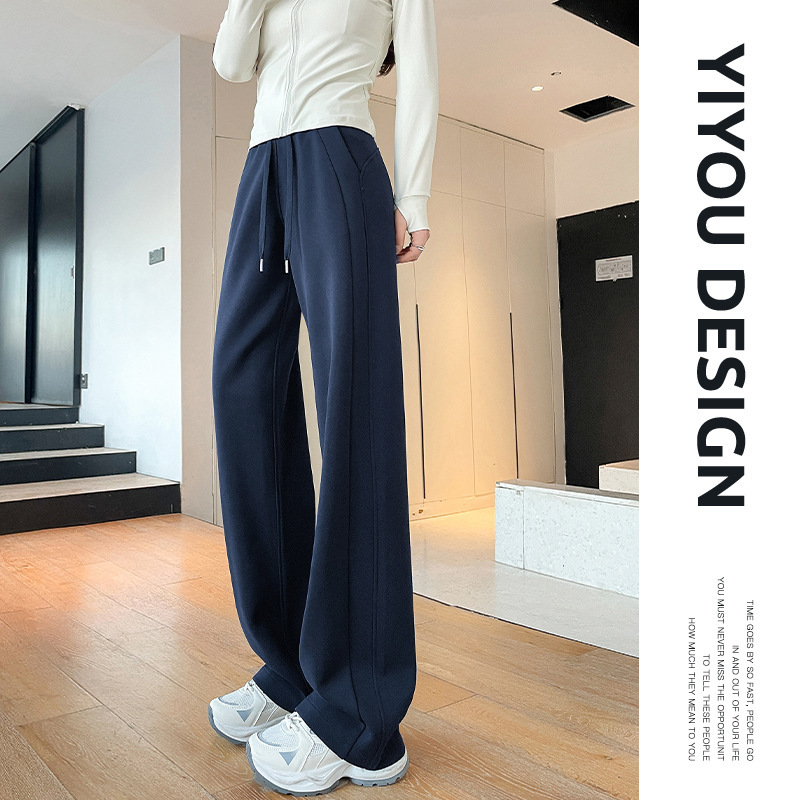 女性用ネイビーブルーワイドレッグパンツ、小柄な人向けの新しい夏のハイウエストカジュアルスウェットパンツ、ナローバージョンのストレートスポーツパンツ|undefined