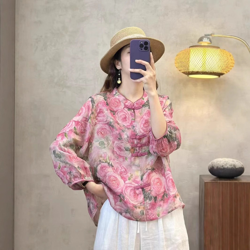 2025 Summer New Style Short Round Neck Pullover Printed Ramie Shirt T-shirt Casual high quality Full Edge Top