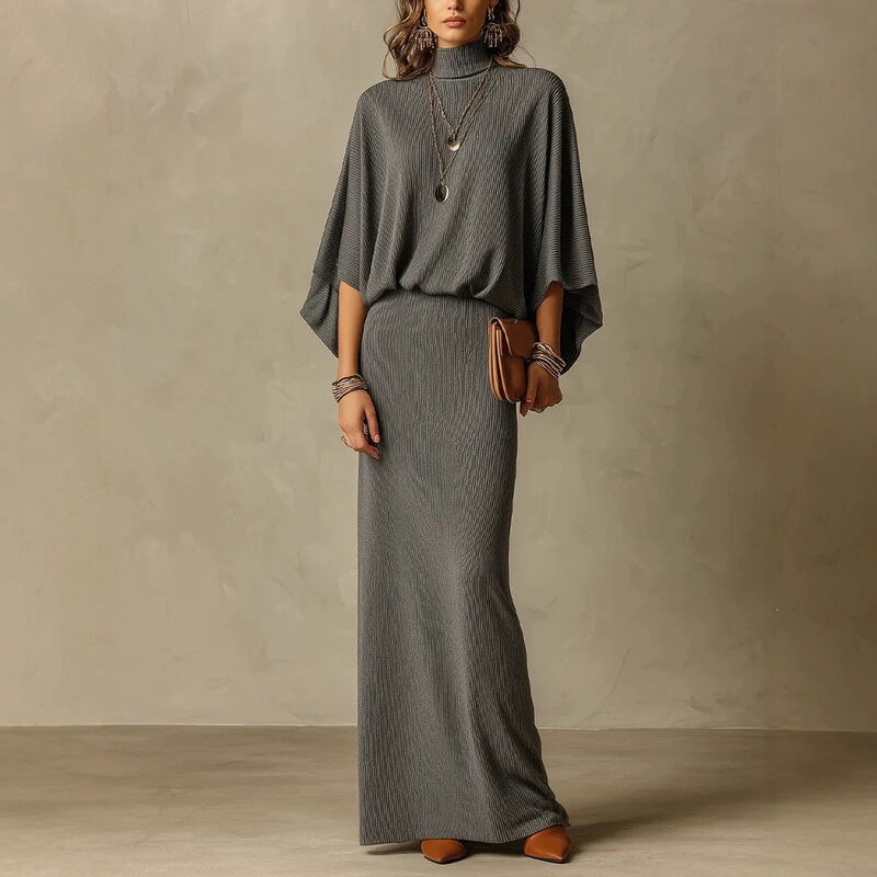 2026 cross-border European and American new solid color batwing casual slimming ribbed slim-fit two-piece set for women