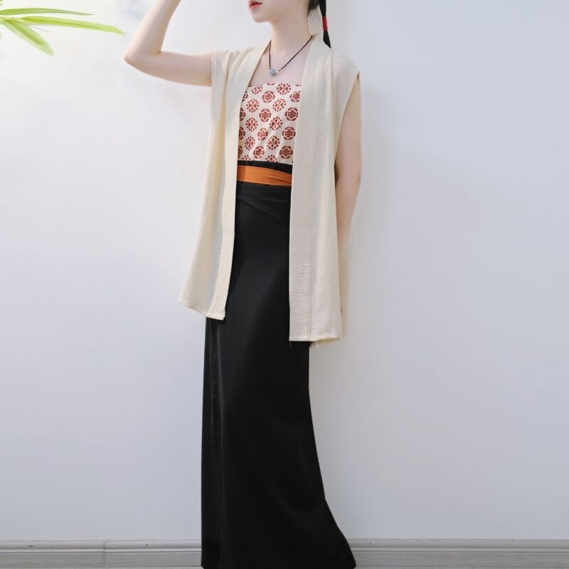 Summer Hanfu for Women, Song-Style Vest Cardigan with Printed Suspenders, Comfortable and Breathable, Suitable for Daily Commuting, Two-Piece Skirt, Twirl Skirt