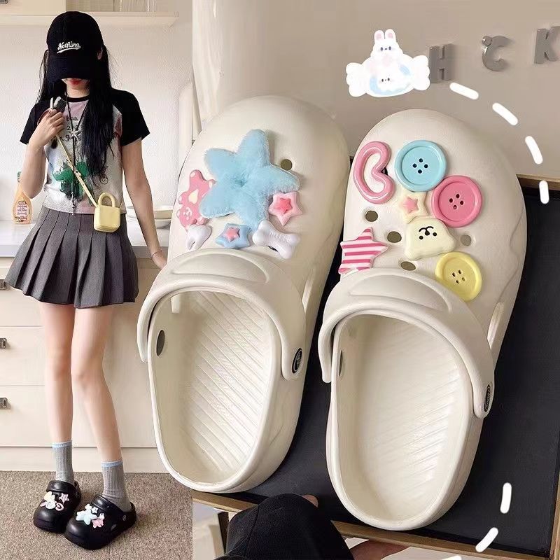 2024 New Soft Bottom Cartoon Slippers Shoes for Women's Summer Outer Wear Non-slip Baotou Internet Celebrated Beach Thick Sole