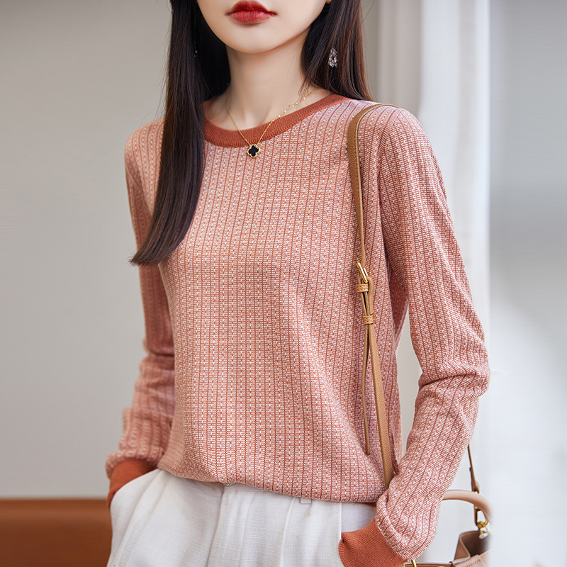 Autumn Contrast Color Tencel Wool Sweater Women's Round Neck Fashionable Bottoming Shirt Western Style Sweater Women