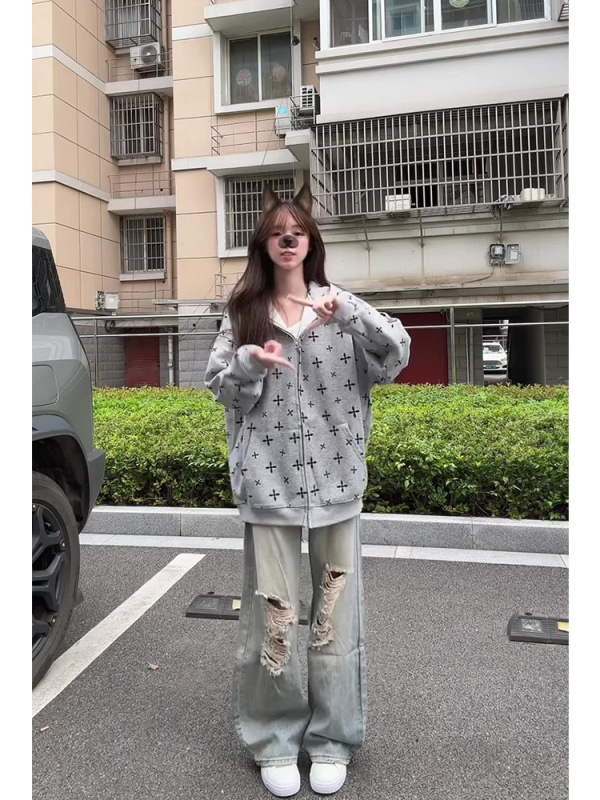 美式复古卫衣女连帽春秋薄款宽松韩系慵懒风oversize潮牌外套上衣|undefined