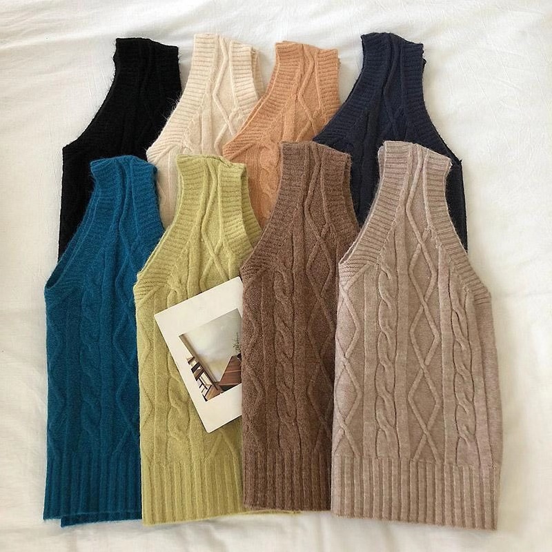 Personalizada primavera y otoño coreana gruesa camiseta de punto de cuello en V chaleco de torsión de mujer con hombros sueltos sin mangas