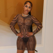 欧美风2025秋季跨境新款气质性感辣妹网纱透视条纹印花包臀连衣裙