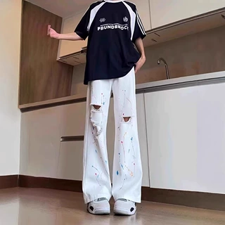 高街美式涂鸦泼墨白色牛仔裤男宽松直筒潮牌痞帅春秋季阔腿裤子
