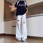 春秋季涂鸦直筒美式牛仔裤