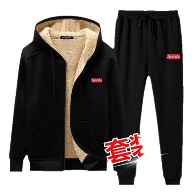 跨境大码新款羊羔绒休闲宽松保暖外套冬季开衫套装加绒加厚连帽款|undefined