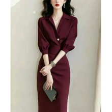 【预售】2025秋冬装新款时尚正式场合衬衫连衣裙女装气质红色收腰
