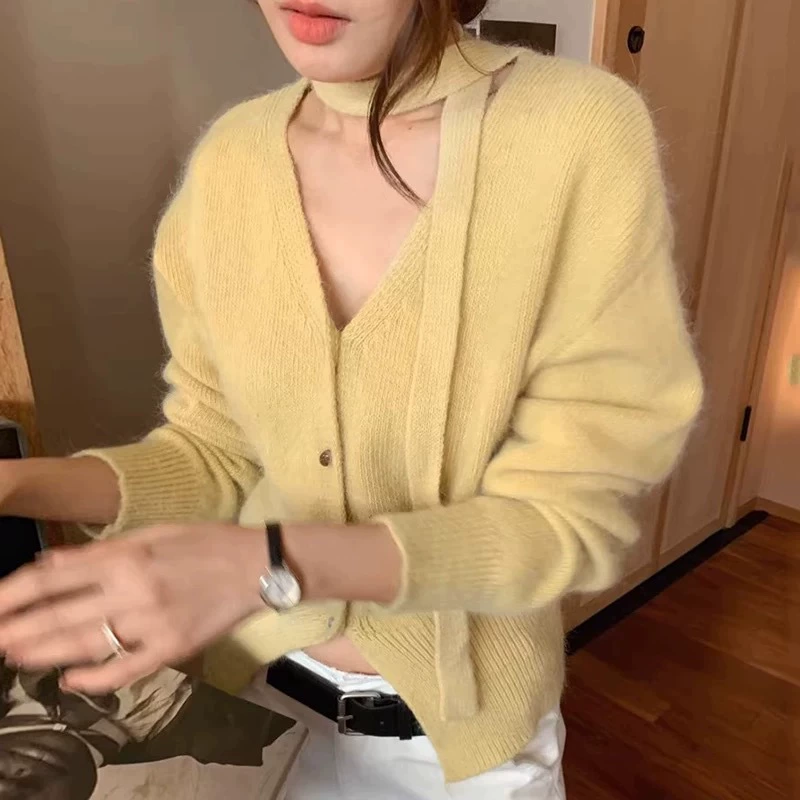 Корейский свитер с v-образным вырезом и лентой для женщин, осень и зима 2025, новый стиль, нежный, элегантный, универсальный вязаный кардиган с длинными рукавами, куртка