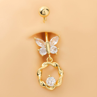 1.2mm Curved Stainless Steel Butterfly Navel Ring with Copper Inlaid Zircon Navel Piercing Body Jewelry for Women