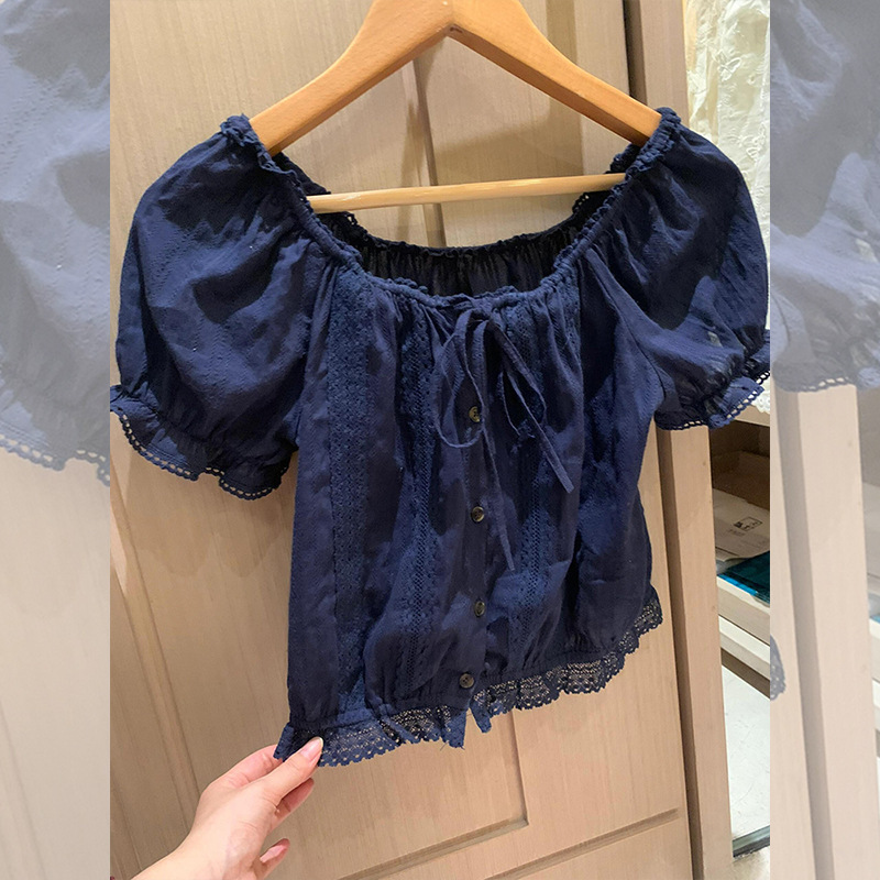 French Navy Blue Lace Short-sleeved Shirt for Women 2024 New Summer High-end Puff Sleeve Short Top