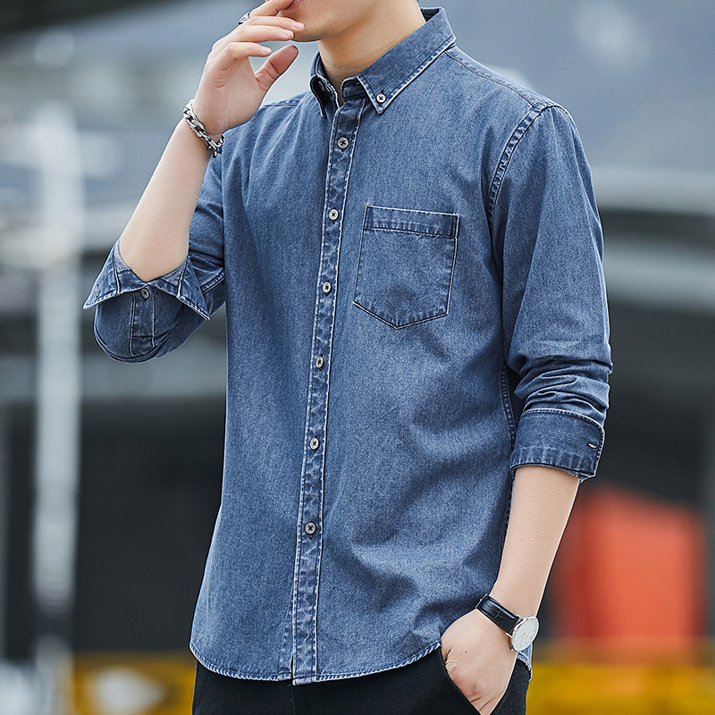 Spring Men's Denim Jacket Solid Color Shirt Korean Style Top Casual Thick Youth Loose Long Sleeve Large Size Shirt