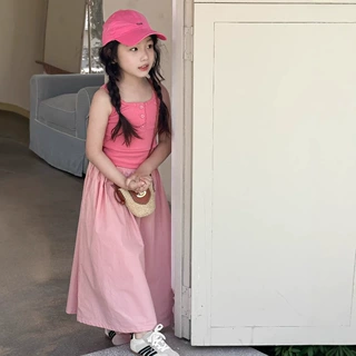 萱萱酱2026女童日系复古纯色坑条背心甜美套头女童工字吊带短款