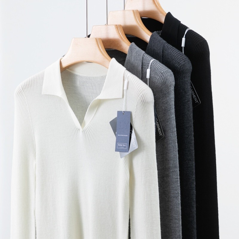Yangzi Yarn Seamless 100% Fine Wool Polo Collar Knit Base Shirt for Women, Slim Fit, Simple Thin Sweater Yangzi Yarn Seamless 100% Fine Wool Polo Collar Knit Base Shirt for Women, Slim Fit, Simple Thin Sweater