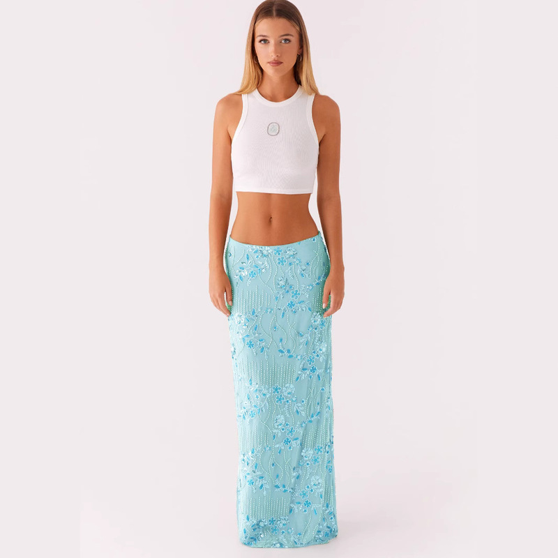 2025 Cross-Border New Amazon Hot Selling Embroidered Sequin Skirt Sexy Hot Girl Hip-Covering Long Skirt Women's Clothing