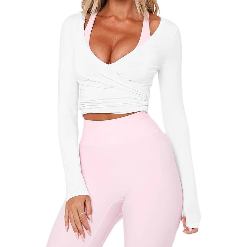 Amazon Women's Pilates Wrap Ballet Self-Knot Shirt Long Sleeve Cross Sexy Deep V-Neck Yoga Top for Women