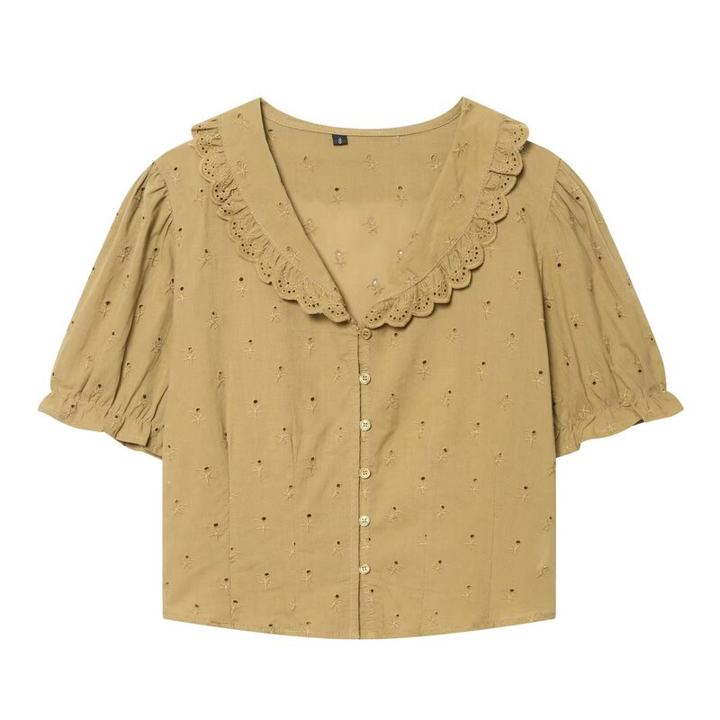 Foreign Trade Women's Clothing 2026 European and American Fashion Single-Breasted Lace-Decorated Lapel Embroidered Short-Sleeved Shirt for Women E75314 Foreign Trade Women's Clothing 2026 European and American Fashion Single-Breasted Lace-Decorated Lapel Embroidered Short-Sleeved Shirt for Women E75314