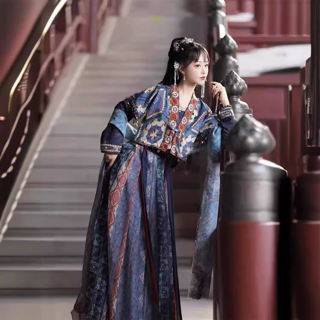 Оригинальный 2024 новый QingDai Hanfu женский улучшенный Tang спина полруки круглый воротник с талией юбка