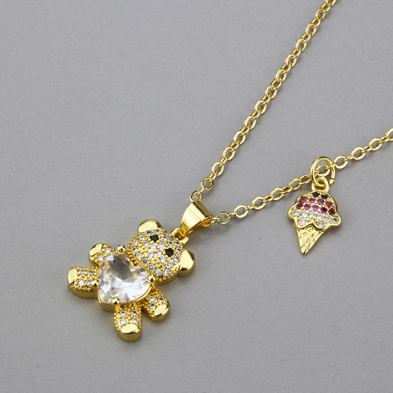 New diamond bear pendant Korean cute teddy bear ice cream combination copper necklace wholesale