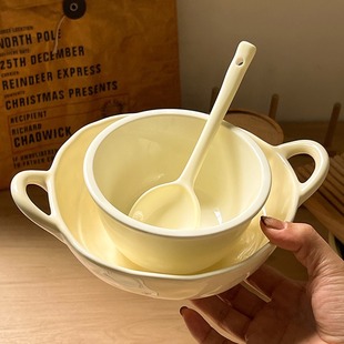 Irregular Ceramic Double-Ear Soup Bowl, Instant Noodle Bowl, Yogurt Breakfast Bowl, Ins-Style Tableware for Individual Use