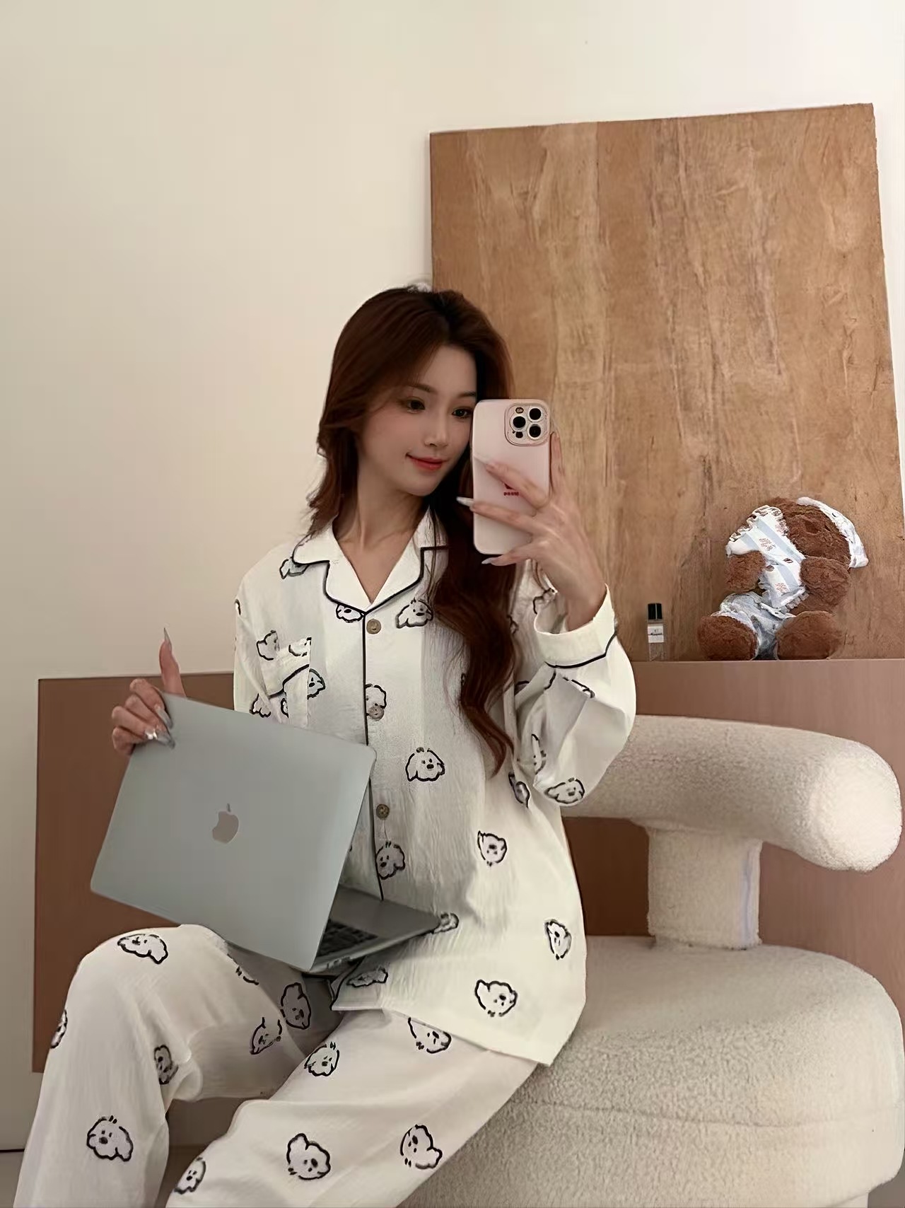 Al por mayor transfronterizo 2026 nuevo pijama de mujer nubes de algodón pantalones de manga larga cardigan con solapa de dibujos animados ropa para el hogar se puede usar fuera