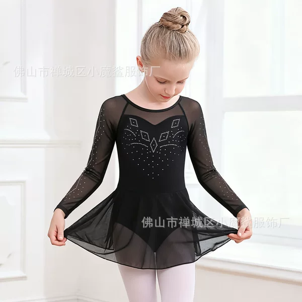 Girls' New Long-Sleeved Ballet Leotard with Rhinestones on the Front and Back, Children's Performance Dance Costume