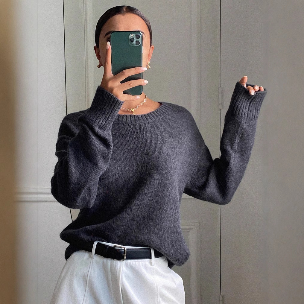 Pull en maille épaisse à col rond, style décontracté, manches longues, gris, idéal pour l'hiver._voghion.com