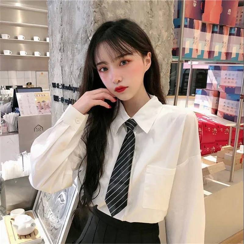 Autumn 2024 New Korean Style White Shirt Women's Design Sense Niche Top All-match Loose Student Tie Shirt Autumn 2024 New Korean Style White Shirt Women's Design Sense Niche Top All-match Loose Student Tie Shirt