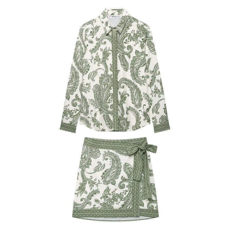 Foreign Trade Wholesale 2025 Summer European and American Fashion Loose Printed Long-Sleeved Shirt + Sarong Skirt Suit for Women B6288