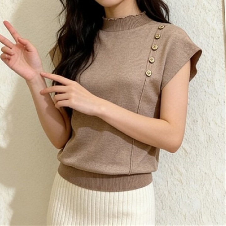 2026 Spring and Summer New Style Round Neck Rolled-Edge Knitwear Women's One-Shoulder Short-Sleeved Solid Color High-End Knitwear Top 2026 Spring and Summer New Style Round Neck Rolled-Edge Knitwear Women's One-Shoulder Short-Sleeved Solid Color High-End Knitwear Top