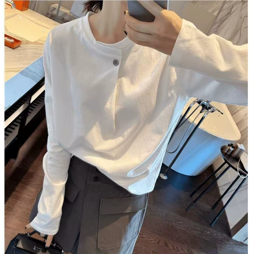 Южная Корея 100% хлопок | внутренняя и внешняя одежда должна купить пряжку дизайн сплошной цвет белый с длинными рукавами пригородная белая футболка