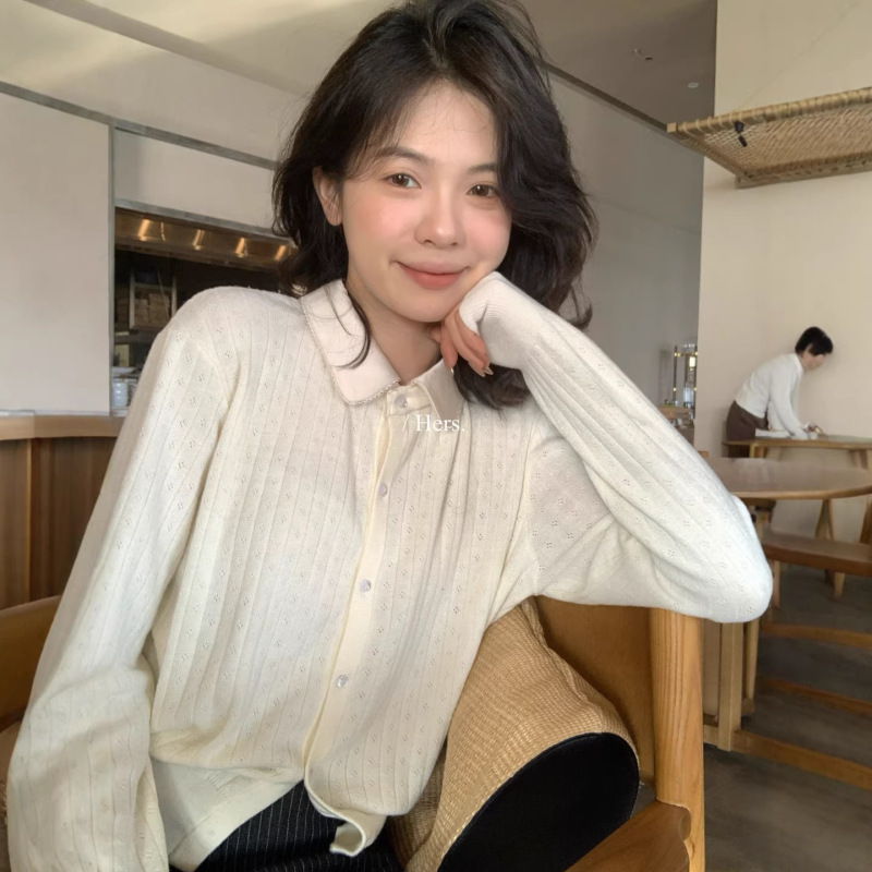 Hers One Spoon of Sweetness 2026 Spring/Summer Korean Style Academy-Style Versatile Slimming Polo Collar Long Sleeve Knitted Sweater for Women 08124
