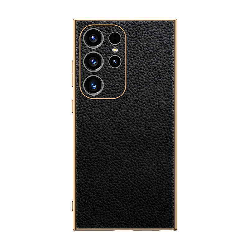 【シームレスドロップシッピング】SX25Ultra 携帯電話ケース 電気メッキ溝付き 本革ソフトシェル 細穴 落下防止 ライチ柄|undefined