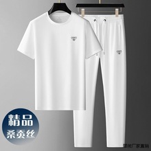 精品桑蚕丝休闲运动套装男夏季冰丝短袖宽松大码中青年男士两翠微