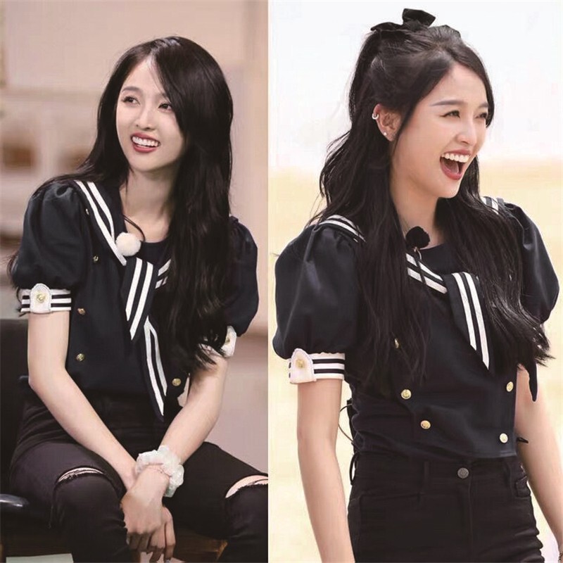 Wu Xuanyi Star Same Style Navy Style Shirt Women's Wear Design Sense Niche College Style Clothes Summer Black Wu Xuanyi Star Same Style Navy Style Shirt Women's Wear Design Sense Niche College Style Clothes Summer Black