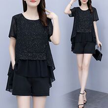 适合肚子胖的套装大码女装夏装新款胖妹妹遮肚显瘦雪纺两件套