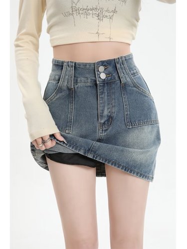 A-line skirt with lining, high-waisted denim skirt, 2024 Hong Kong-style new arrival spring women's half-body dress, simple style
