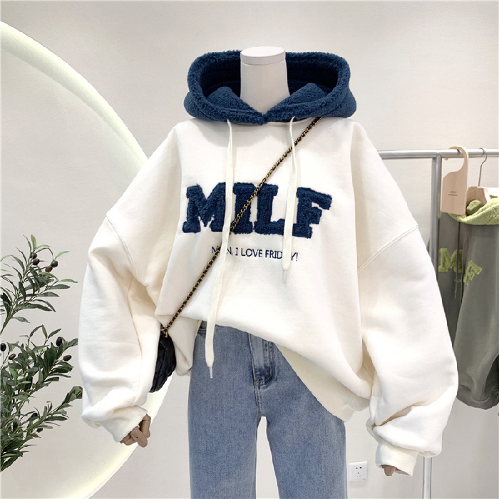 Damenbekleidung Lammfell Kapuzenpullover Damen locker Herbst und Winter plus Samt verdickt_voghion.com