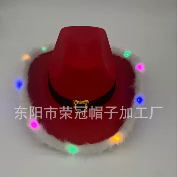 Christmas feather with light red cowboy hat red Christmas hat Santa Claus burrs colorful light cowboy hat