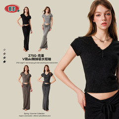 BE women's clothing 2025 summer American retro design sense hot girl slim body button v-neck front shoulder short-sleeved T-shirt for women