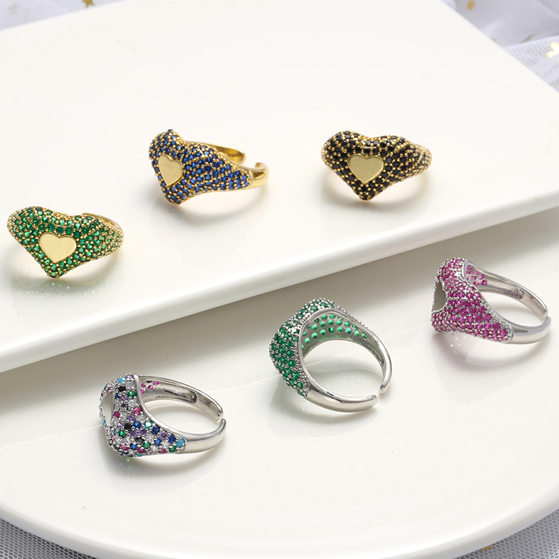 Micro-inlaid Peach Heart Colored Diamond Ring Heart-shaped Opening Adjustable Ring display picture 1