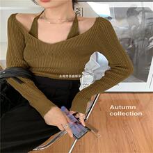 挂脖V领针织衫女装春秋季2024新款韩版修身显瘦打底毛衣长袖上衣