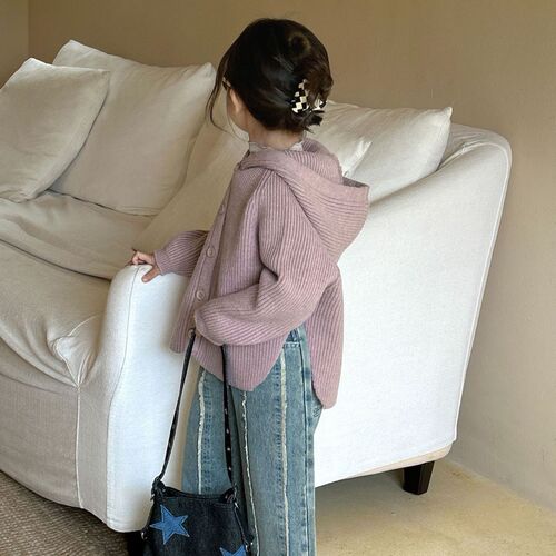 2024 spring new children's clothing Korean style children's clothing girls solid color hooded cape sweater taro purple sweater